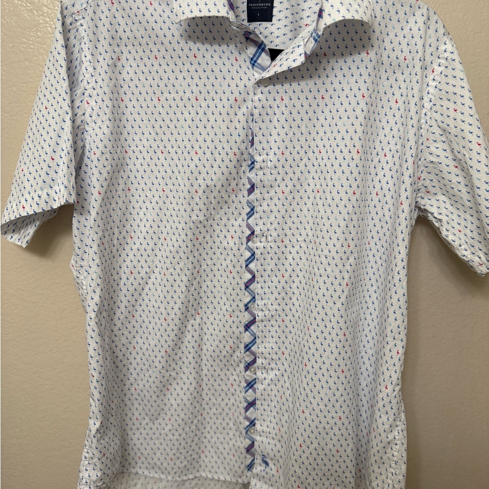 Tailorbyrd 100% cotton White Button Down Shirt with blue & pink flamingo Pattern